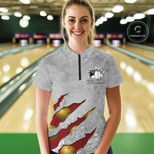 Load image into Gallery viewer, Woman wearing a red grunge scratch quarter zip bowling shirt front view, personalized bowling team apparel.