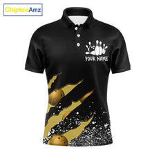 Load image into Gallery viewer, Yellow black grunge scratch bowling team polo shirt for men with custom league and tournament graphics.