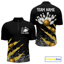 Load image into Gallery viewer, Yellow black grunge scratch quarter zip bowling shirt for men, custom bowling team jersey and tournament apparel.