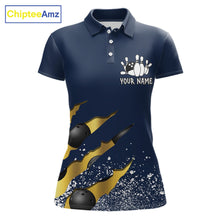 Load image into Gallery viewer, Navy blue and gold grunge scratch bowling team polo shirt for women with custom league and tournament graphics.