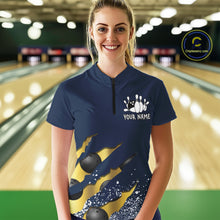 Load image into Gallery viewer, Woman wearing a navy blue and gold grunge scratch quarter zip bowling shirt front view, personalized bowling team apparel.