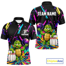 Load image into Gallery viewer, Colorful bowling polo shirt with turtle design and customizable your name &amp; team name