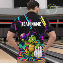 Load image into Gallery viewer, Person wearing a colorful bowling-themed shirt with a turtle design in a bowling alley.