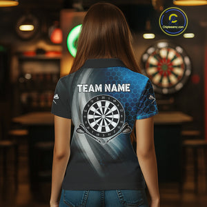 Custom Women's Dart Shirt – Black Blue Hexagon Design Darts Team Jersey | Polo & Quarter Zip Uniform TDM4074