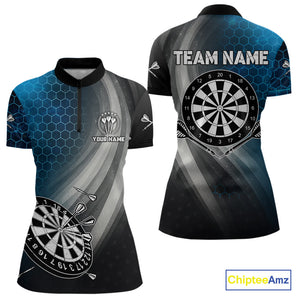 Custom Women's Dart Shirt – Black Blue Hexagon Design Darts Team Jersey | Polo & Quarter Zip Uniform TDM4074