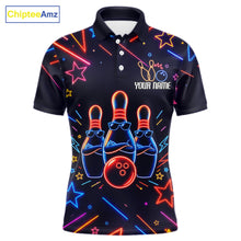 Load image into Gallery viewer, Blue funny neon custom bowling polo shirt for men, personalized bowling team jersey for league tournaments.