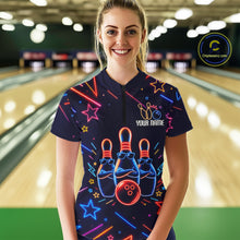 Load image into Gallery viewer, Woman wearing a blue funny neon quarter zip bowling shirt front view.
