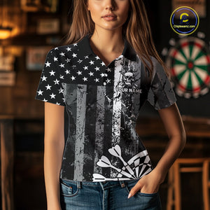 Personalized White Black Grunge US Flag Skull Darts Shirt For Women Custom Patriotic Darts Jersey TDM4883