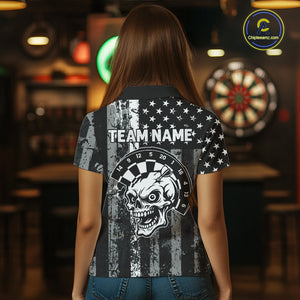 Personalized White Black Grunge US Flag Skull Darts Shirt For Women Custom Patriotic Darts Jersey TDM4883