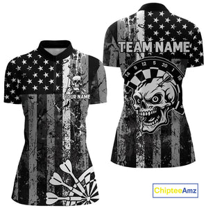 Personalized White Black Grunge US Flag Skull Darts Shirt For Women Custom Patriotic Darts Jersey TDM4883