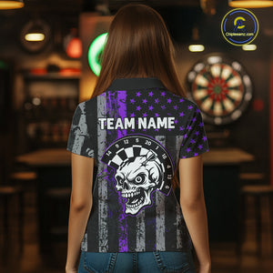 Personalized Purple Grunge US Flag Skull Darts Shirt For Women Custom Patriotic Darts Team Jersey TDM4884