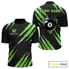 Load image into Gallery viewer, Black and green billiard quarter zip shirt with 'Team Name' and 'Your Name' text, featuring a crown 8-ball design.