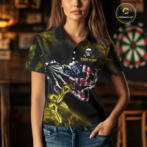 Fire Flame Darts Board American Flag Skull Dart Shirts For Women Custom Darts Team Jerseys |Yellow TDM4268