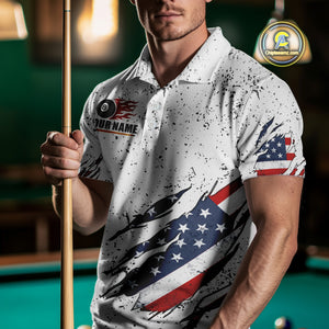 Personalized American Flag White Grunge Billiard Shirt For Men, Patriotic 8 Ball Pool Team Jersey TDM4443