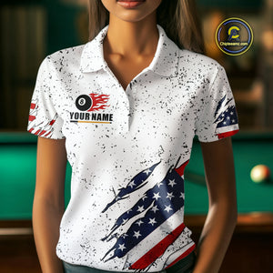 Personalized American Flag White Grunge Billiard Shirt For Women, Patriotic 8 Ball Pool Team Jersey TDM4443