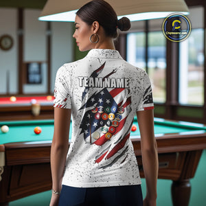 Personalized American Flag White Grunge Billiard Shirt For Women, Patriotic 8 Ball Pool Team Jersey TDM4443