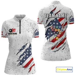 Personalized American Flag White Grunge Billiard Shirt For Women, Patriotic 8 Ball Pool Team Jersey TDM4443