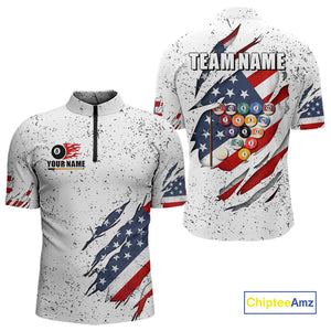 Personalized American Flag White Grunge Billiard Shirt For Men, Patriotic 8 Ball Pool Team Jersey TDM4443