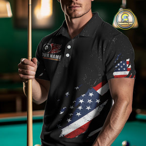 Personalized American Flag Black Grunge Billiard Shirt For Men, Patriotic 8 Ball Pool Team Jersey TDM4444