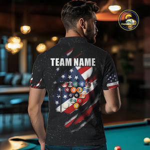Personalized American Flag Black Grunge Billiard Shirt For Men, Patriotic 8 Ball Pool Team Jersey TDM4444