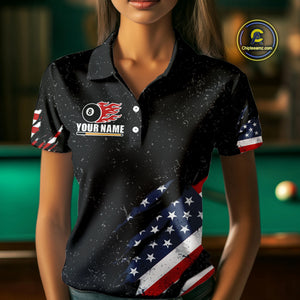 Personalized American Flag Black Grunge Billiard Shirt For Women, Patriotic 8 Ball Pool Team Jersey TDM4444