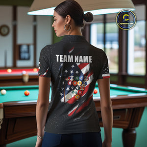 Personalized American Flag Black Grunge Billiard Shirt For Women, Patriotic 8 Ball Pool Team Jersey TDM4444