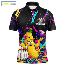 Load image into Gallery viewer, Colorful polo shirt with a cartoon banana bowling design with customizable your name and team name
