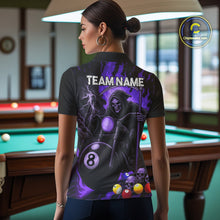 Load image into Gallery viewer, Back view of woman wearing a purple flame grim reaper motorcycle 8 ball pool jersey.