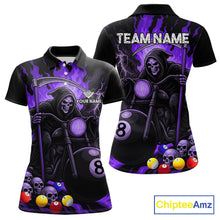 Load image into Gallery viewer, Purple flame grim reaper motorcycle 8 ball pool team polo shirt for women.