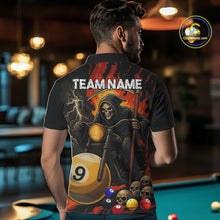 Load image into Gallery viewer, Back view of man wearing a grim reaper motorcycle 8 ball and 9 ball pool jersey.