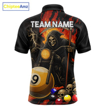 Load image into Gallery viewer, Grim reaper motorcycle 8 ball and 9 ball pool team polo shirt for men with flame graphics.