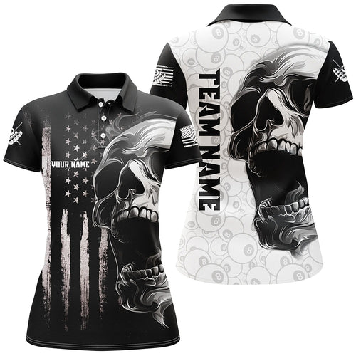 American Flag Skull Custom Women Billiard Jerseys Polo & Quarter- Zip, Patriotic Billiard Shirts TDM2374