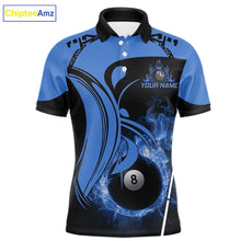 Load image into Gallery viewer, Personalized Blue 8 Ball Fire Flame Billiard Shirt For Men, Pool Team Jersey Polo &amp; 1/4 Zip TDM5974