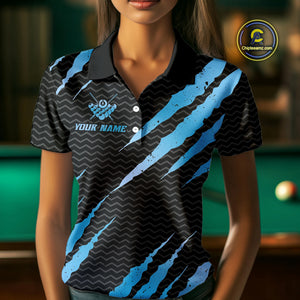 Black And Blue Scratch Billiard Shirts For Women Custom 8 Ball Crown Pool Team Jersey Polo & 1/4 Zip TDM4097
