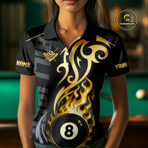 Black And Gold Tribal Flame 8 Ball Pool Billiards Shirts For Women Custom Pool Team Jerseys TDM4102