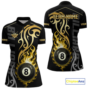Black And Gold Tribal Flame 8 Ball Pool Billiards Shirts For Women Custom Pool Team Jerseys TDM4102
