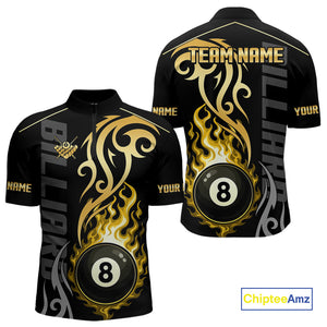 Black And Gold Tribal Flame 8 Ball Pool Billiards Shirts For Men Custom Pool Team Jerseys TDM4102