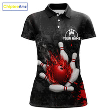 Load image into Gallery viewer, Black and red grunge fire bowling polo shirt for women, custom bowling team jersey uniform.