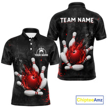 Load image into Gallery viewer, Black and red grunge fire bowling team polo shirt for men with flame graphics.