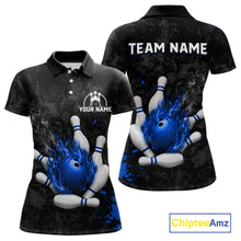 Load image into Gallery viewer, Black and blue grunge fire bowling team polo shirt for women with flame graphics.