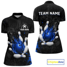 Load image into Gallery viewer, Black and blue grunge fire bowling quarter zip shirt for women, custom bowling league jersey.