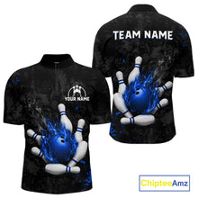 Load image into Gallery viewer, Black and blue grunge fire bowling quarter zip shirt for men, custom bowling league jersey.