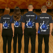Load image into Gallery viewer, Bowling team wearing matching black and blue grunge fire jerseys back view.