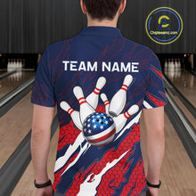 Load image into Gallery viewer, Man wearing blue and red US flag bowling polo shirt back view.