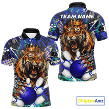 Load image into Gallery viewer, Blue graffiti tiger bowling team polo shirt for men with bold tiger artwork.