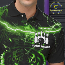 Load image into Gallery viewer, Close up of green thunder lightning tiger bowling polo shirt collar, buttons and chest design.