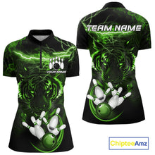 Load image into Gallery viewer, Green thunder lightning tiger bowling quarter zip shirt for women, custom league jersey.