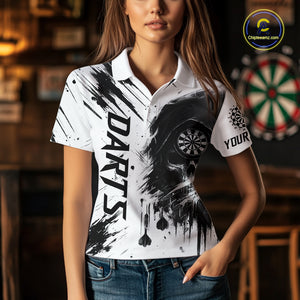 Personalized White Black Grunge Skull Darts Shirt For Women Custom Funny Darts Team Jersey Outfit TDM4908