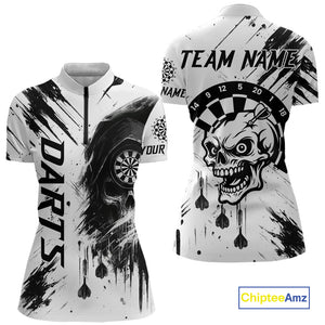 Personalized White Black Grunge Skull Darts Shirt For Women Custom Funny Darts Team Jersey Outfit TDM4908