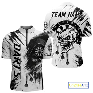 Personalized White Black Grunge Skull Darts Shirt For Men Custom Funny Darts Team Jersey Outfit TDM4908